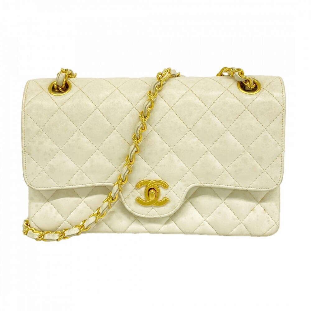 Chanel Matelassé Shoulder Bag, Double Flap, Chain, Lambskin, White, Women's